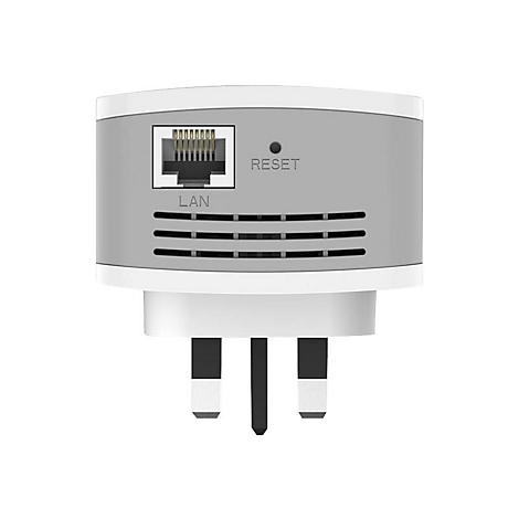 Ein grauer WLAN-Repeater mit LAN-Anschluss, Reset-Taste und Steckdosenanschluss.