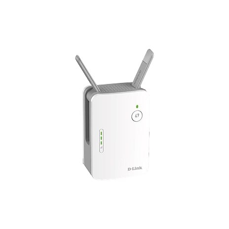Weißer D-Link WLAN-Repeater mit zwei Antennen. Auf der Vorderseite sind Anzeigen und eine Taste.