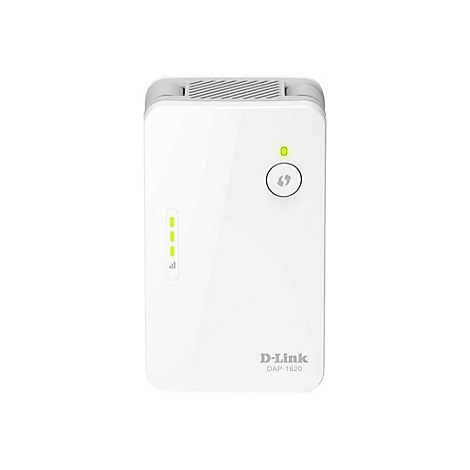 Weißer D-Link WLAN-Repeater mit grünen LEDs, Power-Button und Logo. Das Gerät hat abgerundete Ecken und ein graues Oberteil.