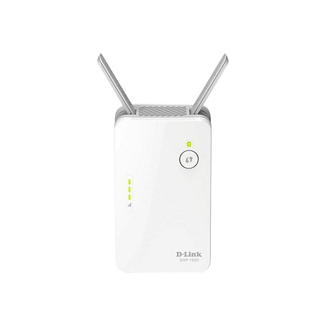 Ein weißer D-Link DAP-1620 WLAN-Repeater mit zwei Antennen. Oben mittig ein grünes Licht, darunter ein Knopf.