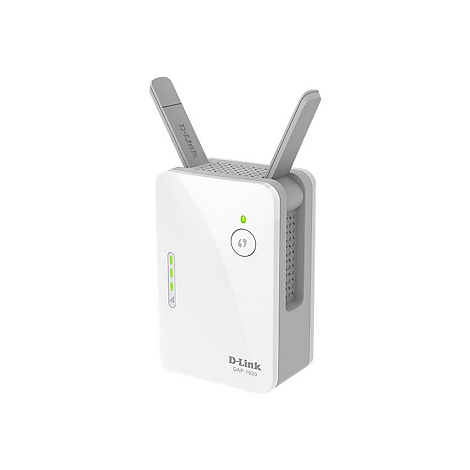 Ein weißer D-Link WLAN-Repeater mit zwei grauen Antennen. Am Gerät sind grüne LEDs und ein Einschaltknopf zu sehen.