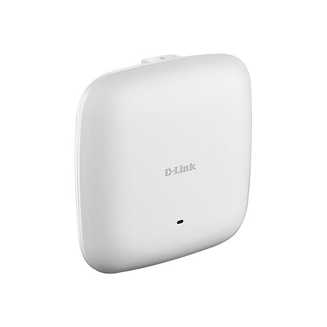 Weißer D-Link WLAN-Access-Point. Rechteckig, abgerundete Ecken, D-Link Schriftzug, kleine Status-LED.