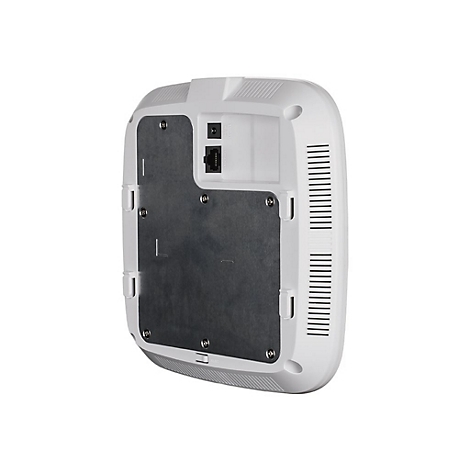 Rückseite eines weißen, rechteckigen Geräts mit Lüftungsschlitzen, Anschlüssen und einer Metallplatte.