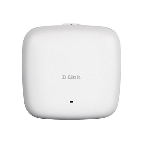 Ein weißes, quadratisches Gerät mit abgerundeten Ecken. Der Schriftzug "D-Link" ist mittig angebracht.