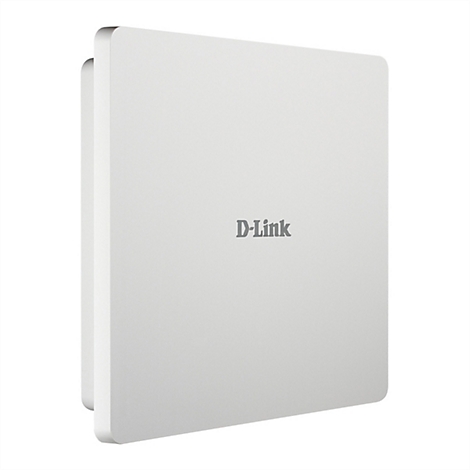 Ein weißer, quadratischer D-Link WLAN-Access-Point vor weißem Hintergrund.