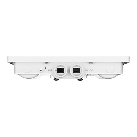 Unterseite eines weißen Netzwerkgeräts mit zwei LAN-Ports, beschriftet als LAN2 und LAN1 (PoE).