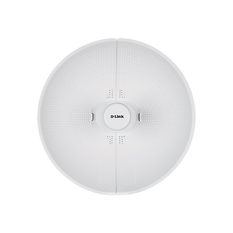 Weißes, kreisförmiges D-Link-Gerät mit Löchern; Logo mittig.