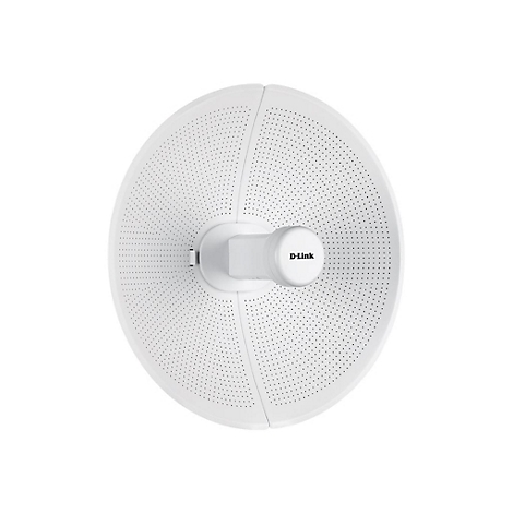 Weißes D-Link Richtfunk-Antennenmodul mit Löchern und dem D-Link Logo.