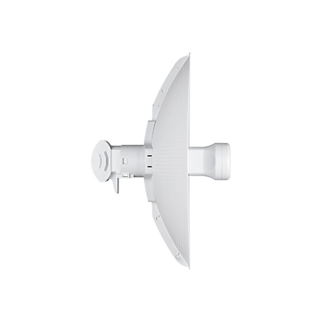 Draufsicht auf eine weiße Richtfunkantenne mit perforierter Oberfläche. Der Steg zeigt ein Symbol für ein Funksignal.