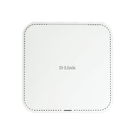 Quadratischer, weißer D-Link Access Point mit abgerundeten Ecken und mittigem Logo vor weißem Hintergrund.