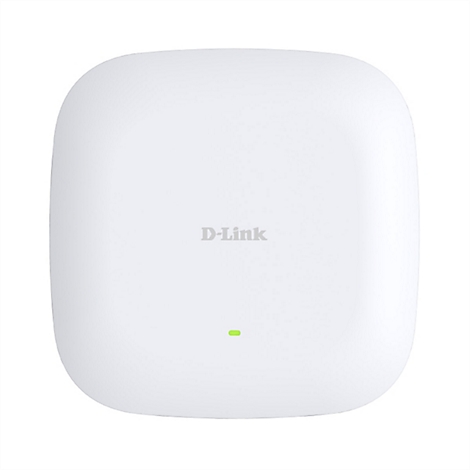 Weißer D-Link WLAN-Accesspoint mit grünem Licht. Oben abgerundete Form, D-Link Logo in der Mitte.