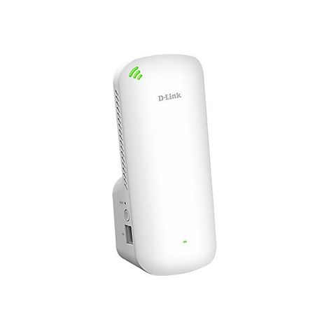 Weißer D-Link WLAN-Repeater mit grünen LEDs. D-Link-Logo oben. Reset-Knopf, LAN-Anschluss unten.