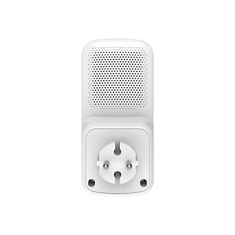 Draufsicht auf ein weißes, rechteckiges Smart-Home-Gerät mit Lautsprecherlöchern oben und Stecker unten. Drei Löcher sind für den Stecker sichtbar.