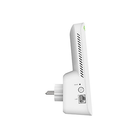 Weißer WLAN-Repeater im Profil, mit Steckdose. Auf der Seite: Reset-Knopf, LAN-Anschluss und Lüftungsschlitze.
