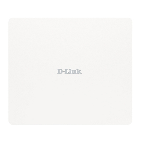 Rechteckiges, weißes Produkt mit abgerundeten Ecken. In der Mitte der Schriftzug "D-Link" in grau.