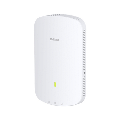 Weißes D-Link-Gerät, rechteckig, abgerundete Ecken, grüne LED, D-Link-Logo. Unten Symbole, rechte Seite mit Schlitzen.