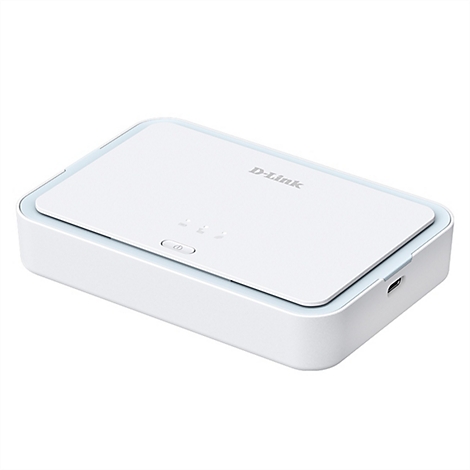 Weißer D-Link-Switch, der leicht von oben gesehen wird. Auf der Oberseite befinden sich das Firmenlogo und Kontrollleuchten.
