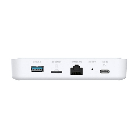Nahaufnahme der Rückseite eines weißen Geräts mit Anschlüssen: USB 3.0, TF-Karte, WAN/LAN, Reset, DC IN PD.