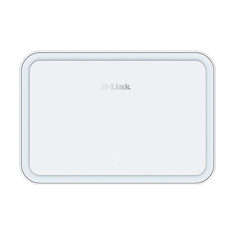 Rechteckiger, weißer WLAN-Router mit abgerundeten Ecken. Oben mittig steht der Schriftzug D-Link.