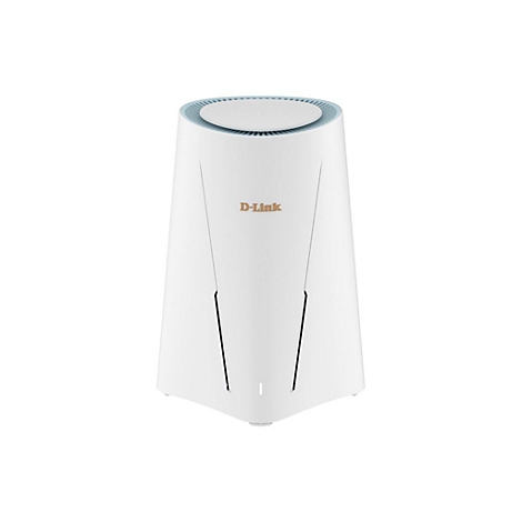 Weißer D-Link-Router, zylindrisch, mit schwarzer Vertiefung.