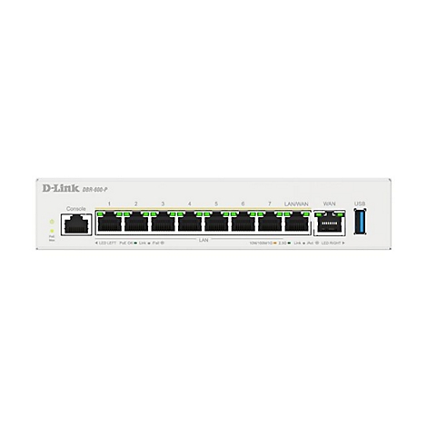 Hellgrauer D-Link Router DBR-600-P mit Anschlüssen, Beschriftungen und LED-Anzeigen, vor weißem Hintergrund.