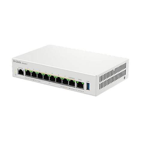 Ein weißer D-Link Router, Modell DBS-600-P, mit Anschlüssen und Anzeigen, vor weißem Hintergrund.