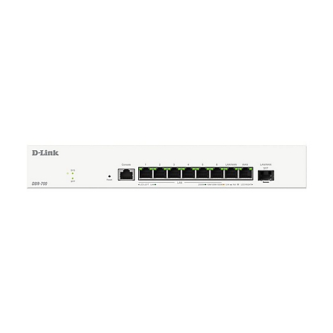 Ein weißes D-Link Netzwerkgerät mit Ports, LEDs und Beschriftungen. Das Modell ist DBR-700.