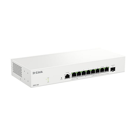Ein weißer D-Link Router DBR-700. Auf der Vorderseite: Ports und Status-LEDs. Aufschrift: D-Link, DBR-700.