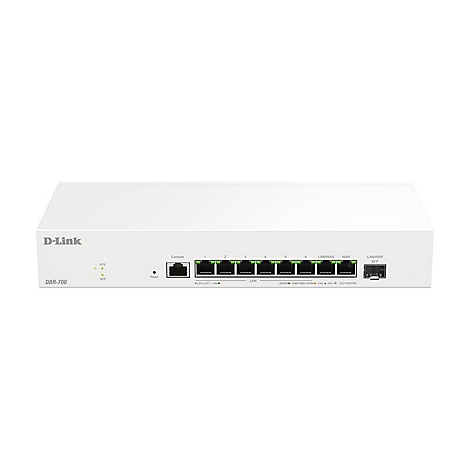 Ein weißer D-Link DBR-700 Router. Auf der Vorderseite sind Anschlüsse, LEDs und Beschriftungen wie "Console" und "LAN/WAN" zu sehen.