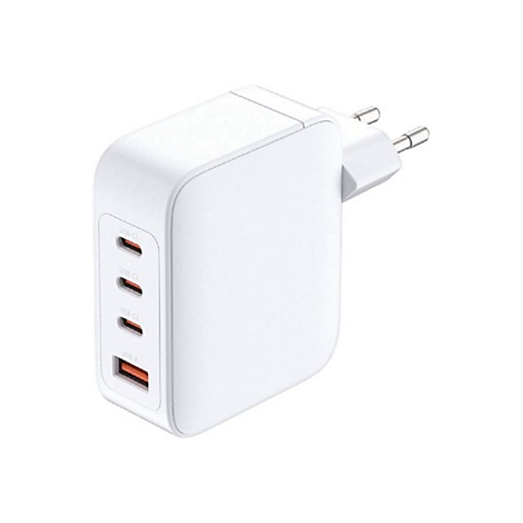 Weißes Ladegerät mit mehreren USB-Anschlüssen, Netzstecker. Anschlüsse mit Beschriftung: USB-C1, USB-C2, USB-C3, USB-A.