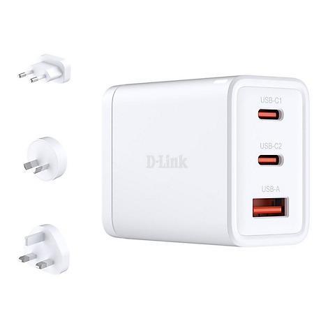 Weißes D-Link-Ladegerät mit USB-C und USB-A Anschlüssen. Drei austauschbare Stecker liegen daneben.