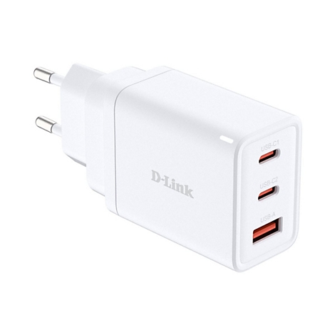 Weißes D-Link USB-Ladegerät mit Steckern. Drei USB-Anschlüsse, darunter USB-C. Aufschrift "D-Link".