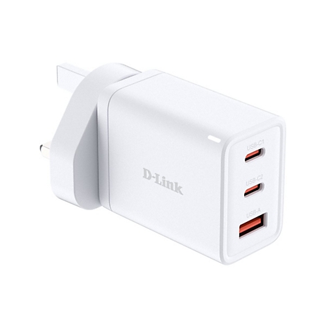 Weißes D-Link-Ladegerät mit drei USB-Anschlüssen. Aufschrift: USB-C1, USB-C2, USB-A.