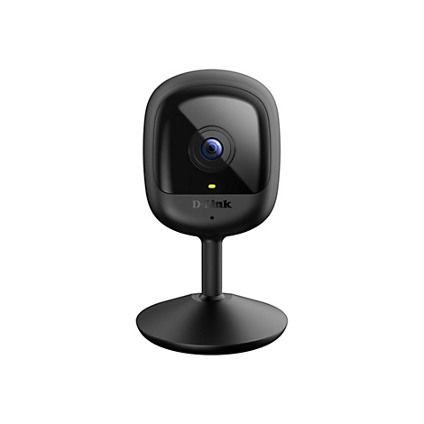Schwarze D-Link Überwachungskamera auf weißem Hintergrund, mit Standfuß.