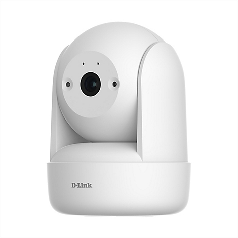 Weiße D-Link-Überwachungskamera, in der Mitte mit Objektiv und Mikrofonen.