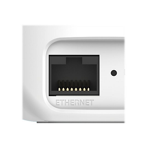 Nahaufnahme eines weißen Geräts mit Ethernet-Anschluss und der Beschriftung "ETHERNET".