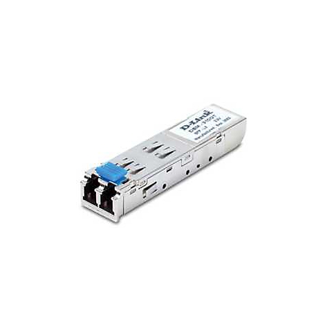 Ein silberner D-Link SFP-Transceiver mit blauem Clip und Beschriftung.
