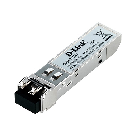 Silberfarbenes D-Link-Modul mit Aufschrift und technischen Details. Schwarzer Stecker vorn.