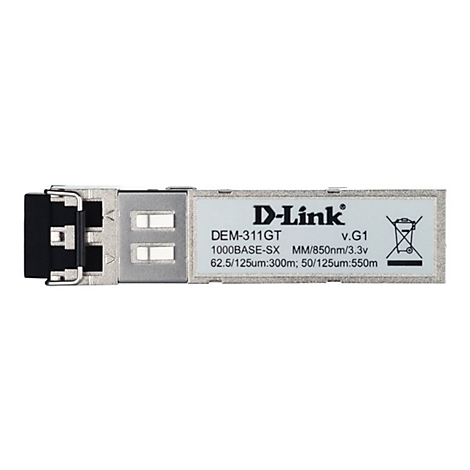 Ein graues D-Link DEM-311GT Modul, beschriftet mit technischen Daten. Schwarzer Verschluss, zwei Öffnungen.
