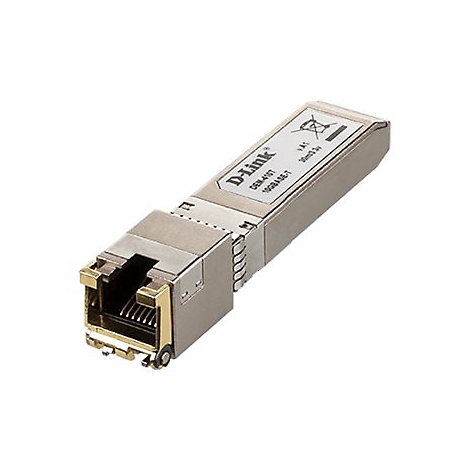 Ein silberner D-Link 10GBASE-T Transceiver-Modul, Modell DSM-410T. Vorderseite mit Anschluss und goldfarbenen Akzenten, weiße Beschriftung.