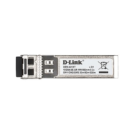 Ein silberner D-Link Transceiver mit schwarzem Stecker. Text: DEM-431XT, 10GBASE-SR MM/850nm/3.3v, OM1/OM2/OM3:33m/82m/330m.