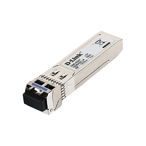 Ein silberner D-Link SFP+ Transceiver, Beschriftung mit Modellnummer und Spezifikationen.