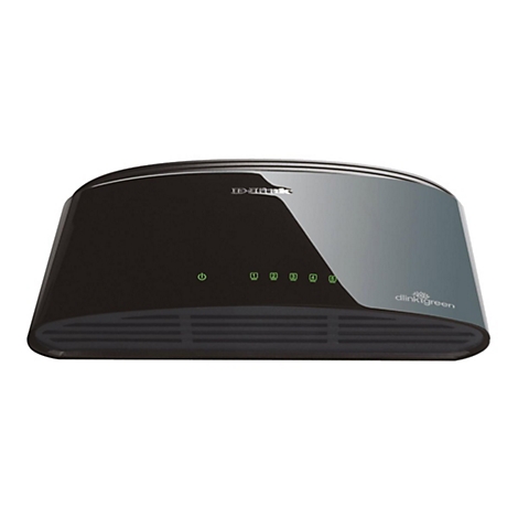 Commutateur réseau noir avec logo D-Link. Dessus gris, six lumières vertes et logo dlink green.