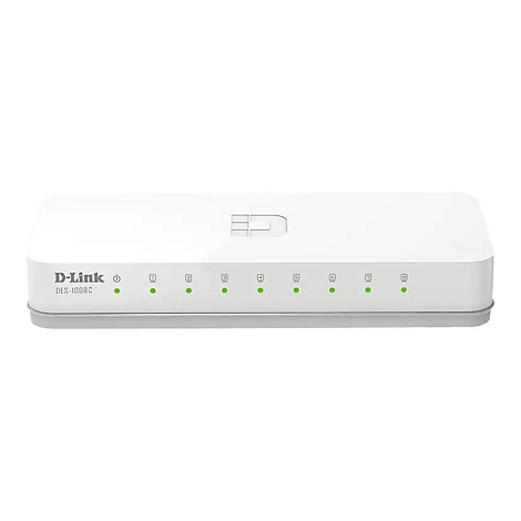Weißer D-Link-Switch mit grünen LEDs auf weißem Hintergrund. Oben das D-Link-Logo.