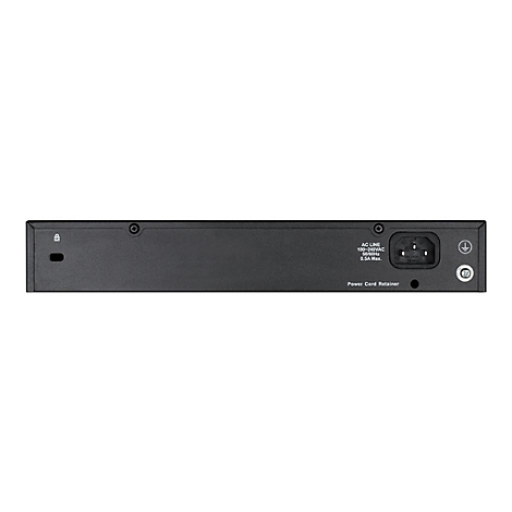 Schwarzer Netzwerkswitch mit Anschlüssen und Beschriftung, Stromanschluss.