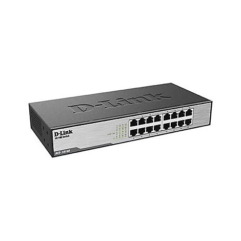 Ein grauer D-Link-Switch mit mehreren Ports. Oben steht D-Link. Unten steht DES-1016D.