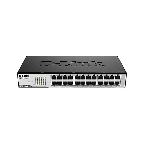 Ein schwarzer D-Link Netzwerkswitch mit 24 Ports. Das Gerät hat Anschlüsse und Kontrollleuchten.