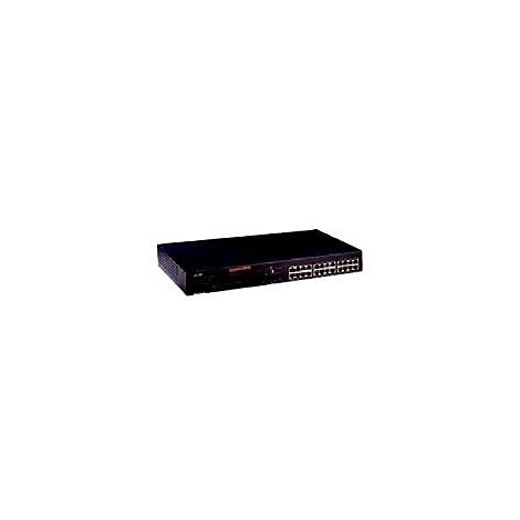 Schwarzer Netzwerk-Switch mit mehreren Ports. Auf der Vorderseite sind Anschlussöffnungen und LEDs zu sehen.