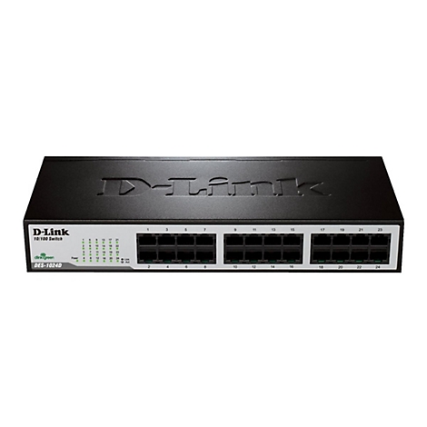 Ein schwarzer D-Link Switch mit 24 Ports, Beschriftung und grünen LED-Leuchten.