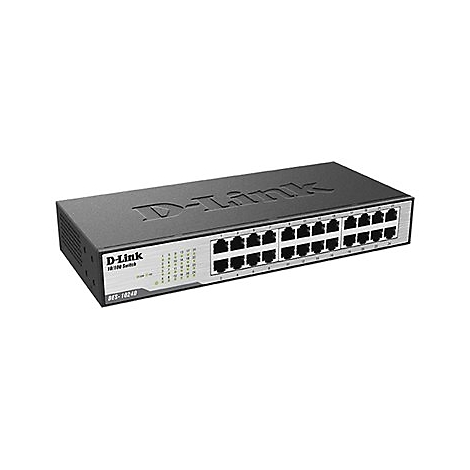 Ein schwarzer D-Link Switch mit 24 Ports. Auf der Oberseite steht D-Link. Auf der Front sind 24 Ports mit Nummern und Kontrollleuchten.